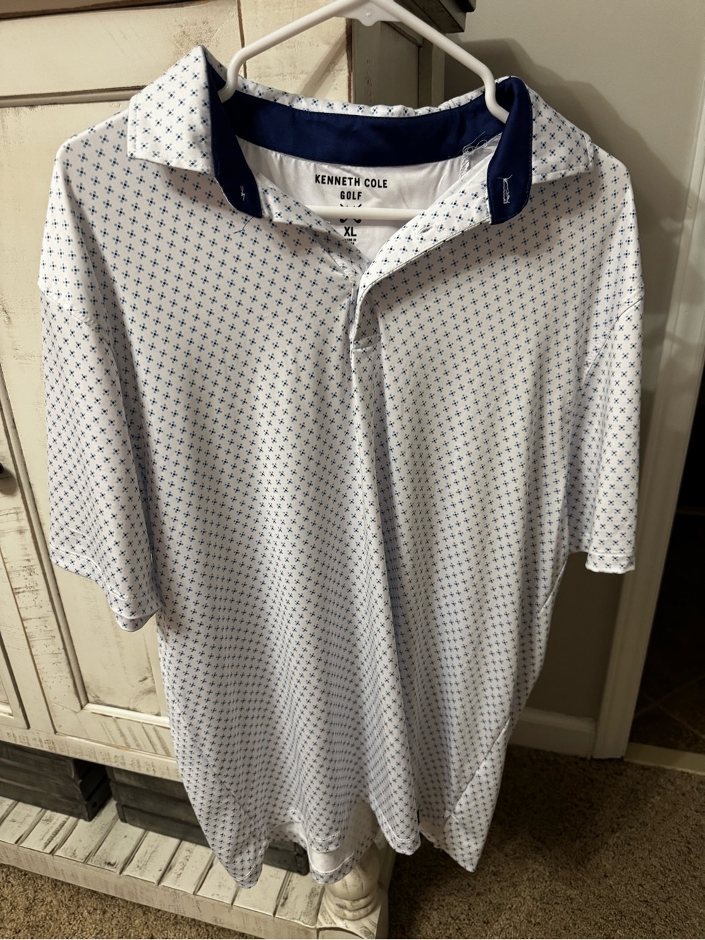 Kenneth Cole White Polo with Navy Micro-Print and Navy Collar